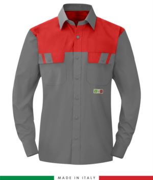 Camicia trivalente bicolore, maniche lunghe, due tasche sul petto, Made in Italy, certificata EN 1149-5, EN 13034, EN 14116: 2008, colore grigio/rosso